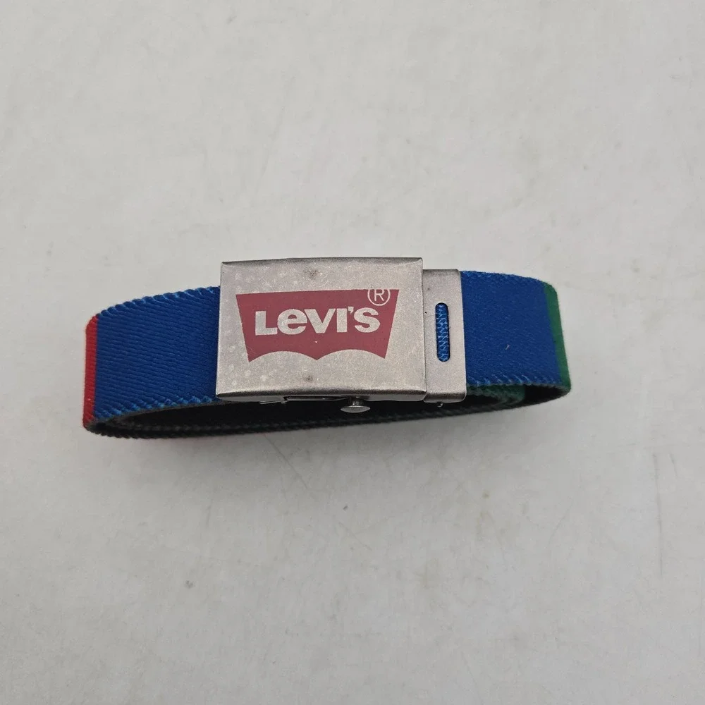 Levi's Belt Red Blue Green Colorblock Woven Stretch Mens 30 Gunmetal Buckle